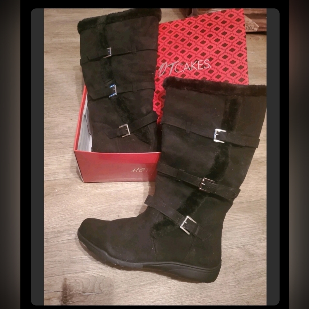 Boot Women Size 12W Hot Cakes Shoe Dept Knee High Buckle Faux Fur Faux Suede New